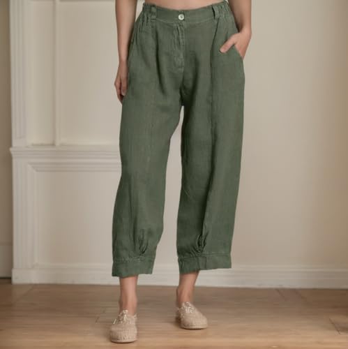 Women Linen Pant 2025 Summer High Waist Wide Leg Capri Pant Casual Loose Baggy Vacation Beach Straight Trouser Pocket2