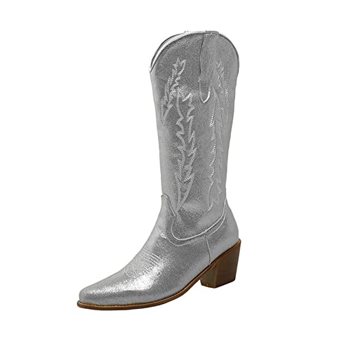 Lausiuoe Cowboy Boots For Women Wide Calf Wide Foot Western Cowgirl Boots Knee High Embroidered Chunky Heel Fashion Boot, Zqn-sliver, 9.5-10