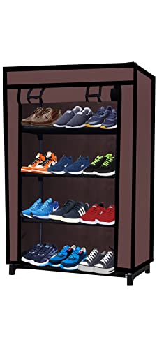 Image of Multi Utility 4 Layer Shelf Collapsible Metal Pipes with Non-Woven 100GSM Fabric Cover for Shoe /Cloth /Toy /Books Rack (Brown, Metal)
