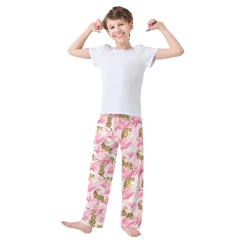 Tiger Pink Palm Tree Boys Long Pants Soft Trousers Elastic Waist Kids Lounge Bottoms with Pockets S-XL2