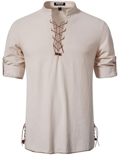 JEMITOP Mens Vintage Renaissance Costume Long Sleeve Lace Up Shirts for Pirate Viking Medieval Vampire Halloween Cosplay Clothing Light Khaki L