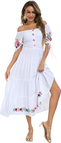 Image of Women's Summer Maxi Dress Casual Floral Embroidered Round Neck Short Sleeve Ruffle Tiered Dress Flowy Boho Beach Sundress