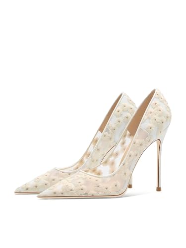 MissHeel White Daisy Embroidered Wedding Heels Pointed Toe Pumps