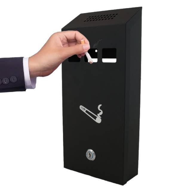 DWD Premium Wall Mounted Cigarette Ashtray Bin Lockable Outdoor Smoking Ash Bin Galvanised Steel Weather Resistant Removable Inner Tray Black 32 x 15 x 6cm