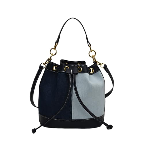 Sac seau en denim patchwork bleu clair pour femme avec cordon de serrage pratique