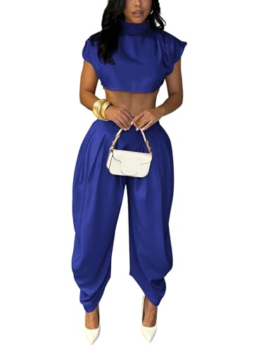 Ekaliy Womens Casual 2 Piece Outfits Cap Sleeve Crop Top Palazzo Pants Set