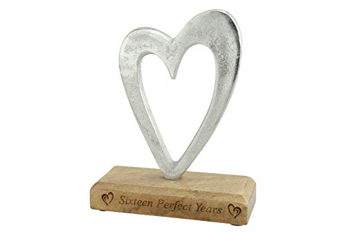 Sixteen Perfect Years 16th Anniversary Rustic Metal Heart Decoration - Free Standing Aluminium & Wooden Decoration (hssperf-16)