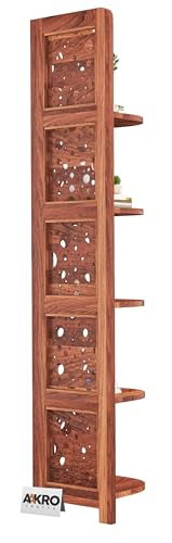 Image of Sheesham Wood Cricle Corner Shelf for Living Room Bedroom Home | CNC 5 Tier Corner Bookshelf | Wooden Ladder Bookcase Display Unit (Honey Finish)