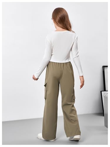 Image of SweatyRocks Girl's 2 Piece Outfits Ruched Long Sleeve T Shirt and Wide Leg Cargo Pants Set Green 10Y