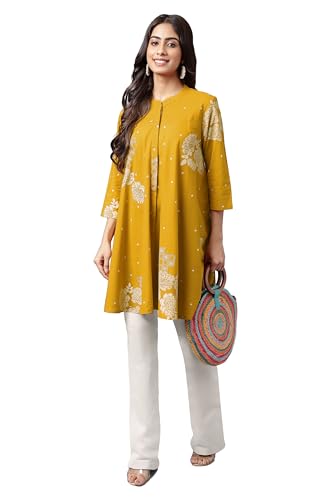 Image of Janasya Women's Pure Cotton Floral Printed Flared Tunic