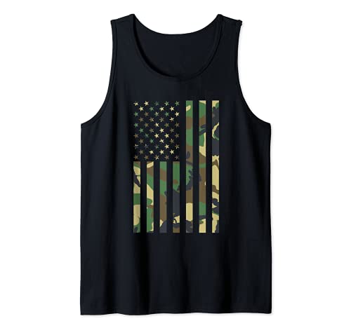 Woodland Camo American Flag July 4 Memorial Day Veterans Tank Top, Black