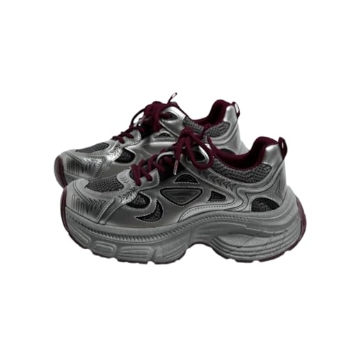Y YUNSOXIAOF Women’s Chunky Sneakers – Metallic Silver Y2K Platform