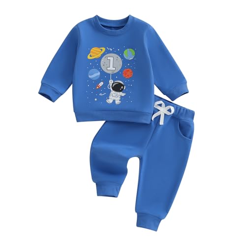 Mieeyali Baby Boys 1st Birthday Outfit Planet Astronaut Sweatshirt Jogger Pants One Year Old Boy Birthday Sweatsuit (Blue 12-18 Months)