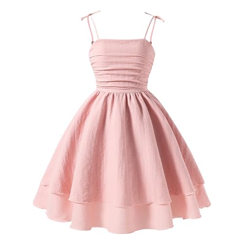 Girls Smocked Ruched Sleeveless Dresses Cute Layered Hem A Line Swing Dress Summer Tie Shoulder Flowy Cami Dresses