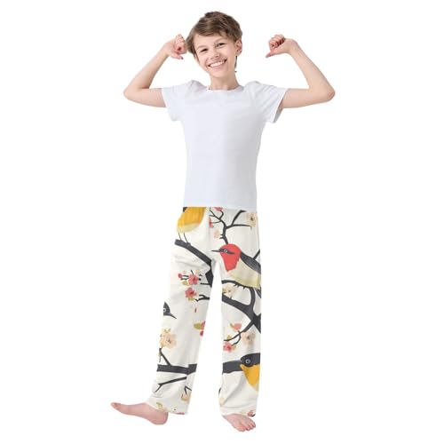 Bird Plum Florals Boys Long Pants Soft Trousers Elastic Waist Kids Lounge Bottoms with Pockets S-XL2