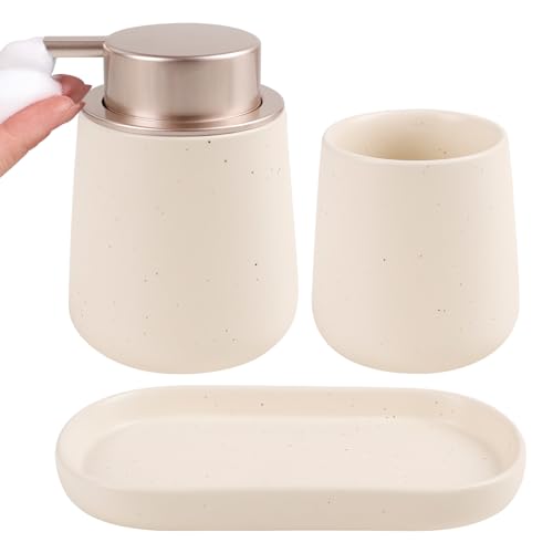 BosilunLife Bathroom Accessories Set 3 pcs - Bathroom Ceramic Foaming Soap Dispenser Set Farmhouse Bathroom Decor, Foam Soap Dispenser and Toothbrush Holder with Tray Pockmark Set - Foam Cer