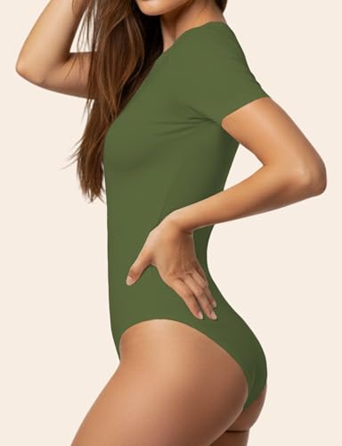 Image of YOGINGO Womens Short Sleeve Bodysuit Crew Neck Slim Fit Basic Body Suit Top Soft Stretch Leotard