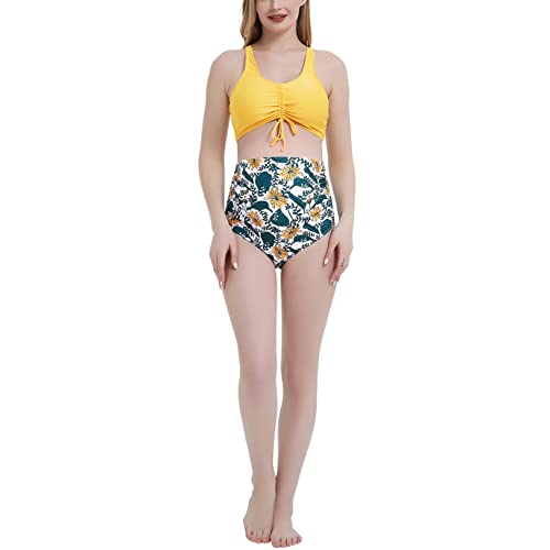 Sweetbump Maternity High Waist Swimsuit Two Piece Bathing Suit Cute Bikini Tie Ruched Front Crop Top Pregnancy Swimwear Yellow Floral S #TOP3