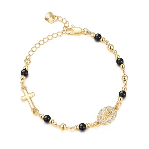 Women's Gold Virgin Mary Bracelet - 14K Gold Plated Religious Cross Bracelet,Dainty Golden Virgen De Guadalupe Natural Stone Black Agate Beaded Jewelry,Catholic Faith Baptism Confirmation Gift for Her
