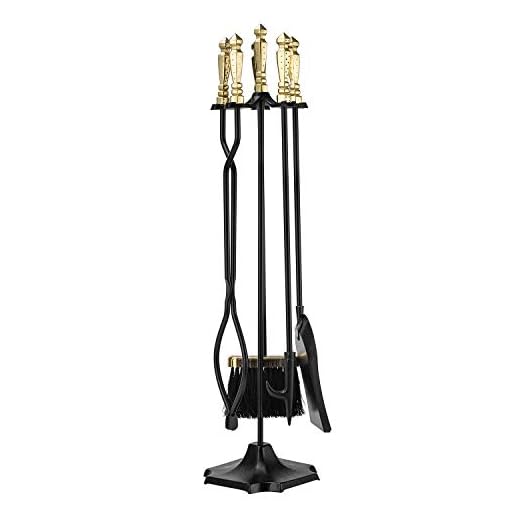 VIVOHOME Rustic Wrought Iron 5 Pieces Fireplace Tool Set with Poker Tongs Broom Shovel Stand and Brass Handle