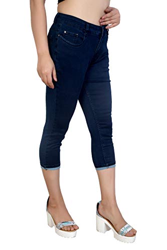 Image of FCK-3 Stretchable Denim Solid Mid Waist Knee Length Button Closure 5 Pocket Capree for Women