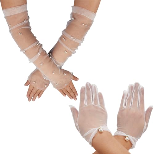 2 Pieces Set Separate Sheer White Mesh Pearl Short Gloves Long Arm Elbow Length Finger Lace Transparent Sleeves Polyester Glove for Women Wedding Bridal Birthday Party Opera Costume