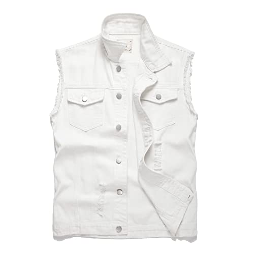 Image of Denim Vest Men Lapel Sleeveless Slim Fit Retro Ripped Casual Jean Vest for Men's