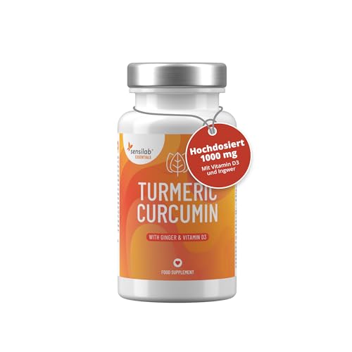 Kurkuma Kapseln Hochdosiert, Vitamin D3, Ingwer - 60 Curcumin Kapseln Hochdosiert 1000mg - Curcuma Extrakt - 185x höhere Bioverfügbarkeit - Sensilab