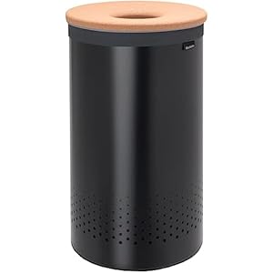 Brabantia – Laundry Hamper – with Cork Lid – Ventilation Holes – Corrosion Resistant Materials – Hygienic – Discrete – Laundry Basket – Bathroom – with Small Hole – Matt Black – 16 Gal