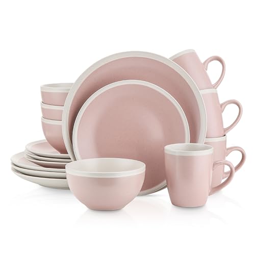 Image of Stone Lain 16-Piece Stoneware Dinnerware, 2-Tone, Speckles, Pink and Cream, 16 Piece Set