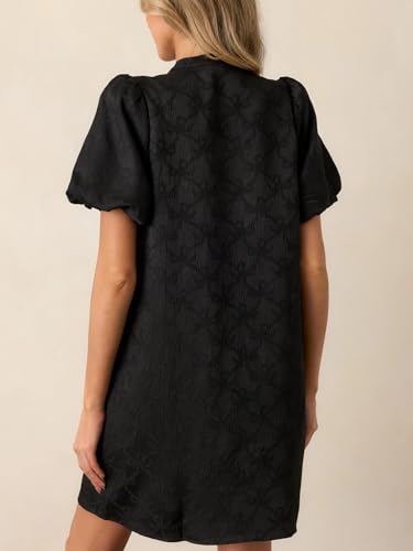 LifeShe Womens Bow Jacquard Mini Dress Puff Short Sleeve Bow Front Shift Dress Elegant Sparkly Party Dresses Black - Thumbnail 2