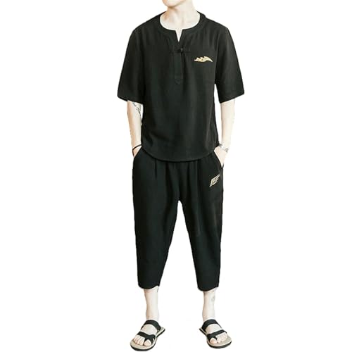 T-shirt en lin brodé style chinois et son pantalon trois-quarts pour vos vacances
