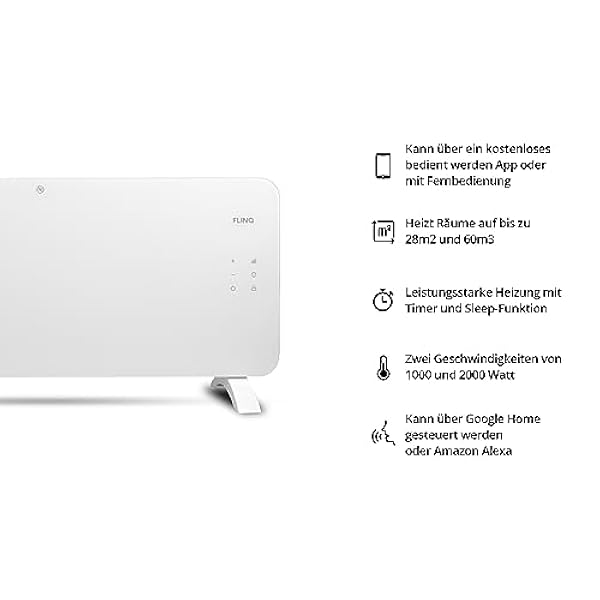 FlinQ Smart Electric Heater 2000w - Stufa a convettore con design in vetro montata a parete e a pavimento con timer - Controllo vocale e App via Wifi e 4G/5G - Compatibile con Google Assistant e Alexa