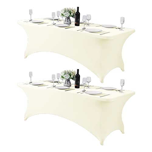 Hezuzo 2Pack Spandex Table Cover for 8FT or 4ft or 6ft Table Universal Fitted Stretch Tablecloth for Party, Banquet, Wedding and Events-Ivory