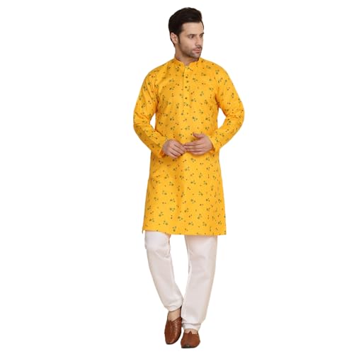 Image of KRAFT INDIA Men's Cotton Blend Geometric Printed Straight Long Regular Kurta and Elastic Waistband Pyjama Set