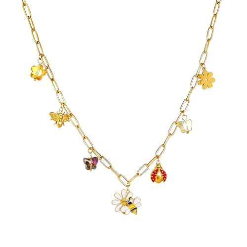 WASAIE Boho Ladybug Butterfly Flowers Bees Pendant Charms Necklace for Women,Insects Holiday Stainless Steel Chain Surfer Jewelry Choker Necklace Adjustable