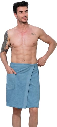 SEYANTE Mens Towel Bathrobe Wrap - 100% Turkish Cotton Terry Cloth Bath Robe for Men - Adjustable Spa Shower Wrap - OEKO-TEX Certified (Large/X-Large Blue)