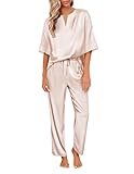 Ekouaer Satin Pajama Set Womens Silk Short Sleeve V Neck Shirt with Long Pant Soft Loungewear Pjs Set Champagne