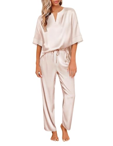 Ekouaer Satin Pajama Set Womens Silk Short Sleeve V Neck Shirt with Long Pant Soft Loungewear Pjs Set Black