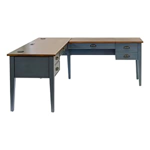 Farmhouse Wood Half-Pedestal Writing Desk and Return, Open L-Shaped Table and Return, Office Desk and Return, Blue Farmhouse Wood Half Pedestal Writing Desk and Return Open L Shaped Table and Return Office Desk and Return Blue