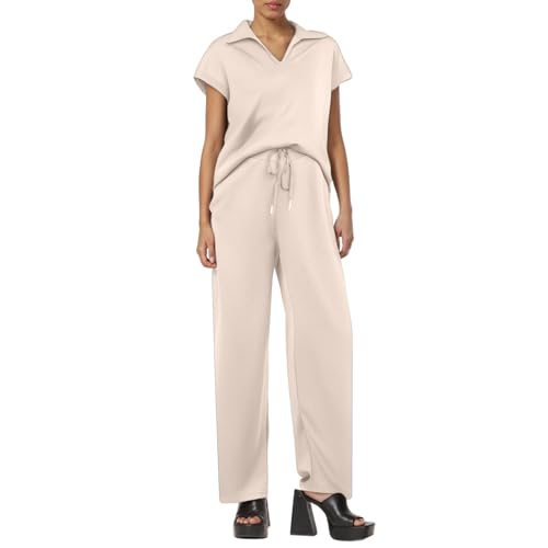 Ensemble deux pièces femme pantalon large cordon de serrage vêtement maille manches courtes chic