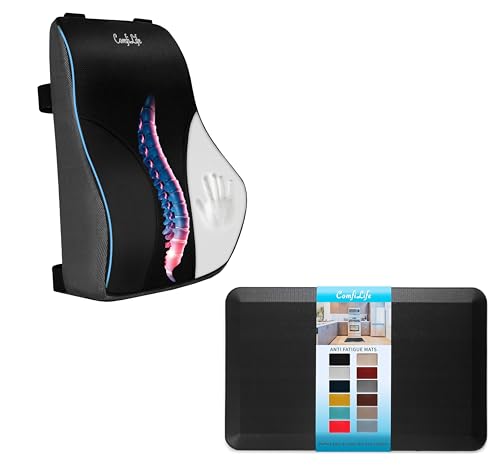 ComfiLife Lumbar Support Pillow & Anti Fatigue Mat Bundle Lumbar Support Pillow for Office Chair Kitchen Mat, Standing Desk Mat Back Support for Office Chair, Car Back Pain Relief