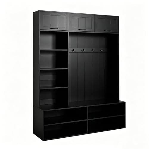 Image of 5-in-1 Hall Tree with Bench, Entryway Storage Organizer Cabinet, Black