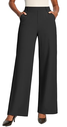 IUGA Womens Dress Pants Wide Leg Pull On Work Pants Women Stretchy High Waisted Business Casual Trousers Slacks with Pockets Black