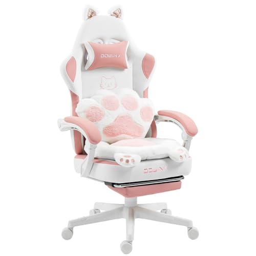 Dowinx Ergonomiczne krzesło gamingowe z podnóżkiem, kocie łapy, krzesło gamingowe z materiału, konstrukcja siedziska bez skrzydeł, regulowane krzesło dla graczy i krzesło PC, krzesło gamingowe, różowy