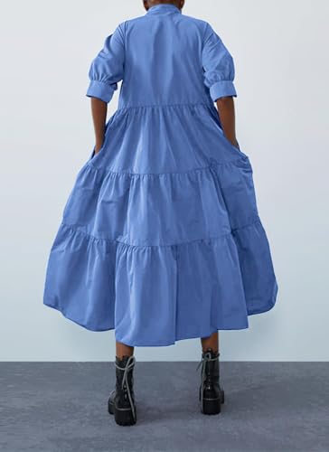 Image of chouyatou Women's Summer Puff Sleeve Maxi Tiered Babydoll Dress Casual A-Line Swing Long Shirt Dress