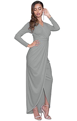 KOH KOH Womens Long Sleeve Full Length V-Neck Sexy Wrap Formal Winter Fall Cocktail Party Wedding Guest Dressy Evening Tall Gown Gowns Maxi Dress Dresses, Light Gray Ash Grey L 12-14