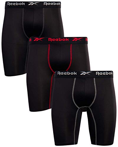 Reebok Men's Compression Long Length Performance Boxer Briefs (3 Pack), Size Small, All Black
