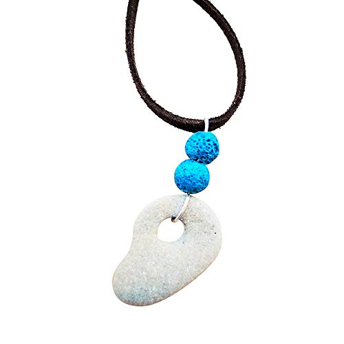 Holed Hag Stone Pendant, Womens Witch Amulet Necklace With Turquoise Lava Beads