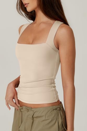 Image of QINSEN Women's Square Neck Sleeveless Double-Layer Tank Tops Basic Tight T Shirts